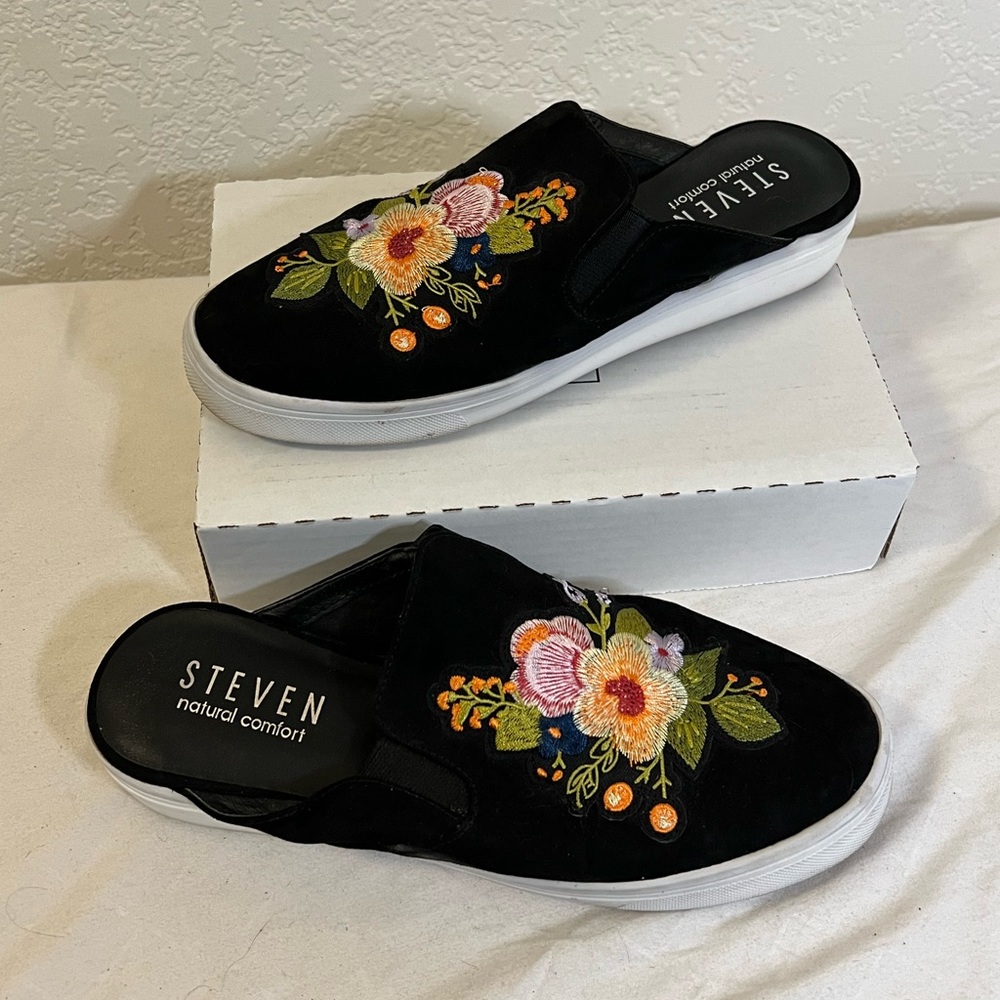 STEVEN NATURAL COMFORT‎ BLACK FLORAL EMBROIDERED SHOES SZ 8 EUC SLIP ON MULE